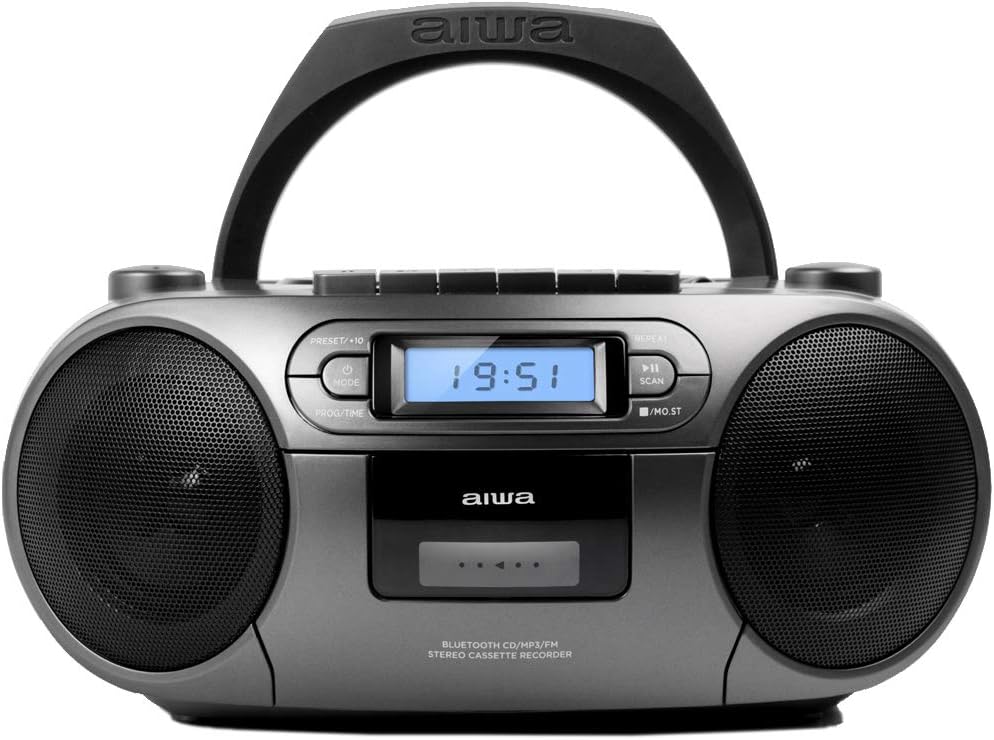 Aiwa BBTC-550BK Tragbares Radio mit CD, Bluetooth und USB, Cassettes-Recorder Farbe: Metallic-Grau S