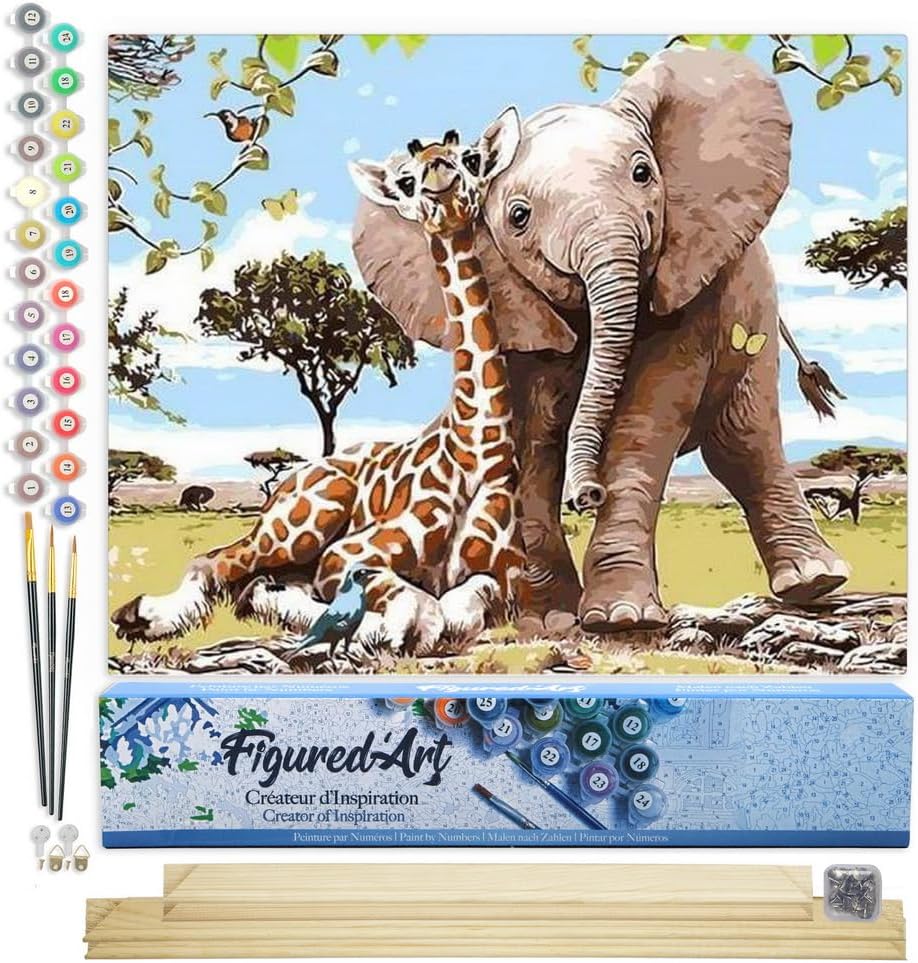 Figured'Art Malen Nach Zahlen Erwachsene Mit Rahmen Elefant und Giraffe - Paint by Numbers Basteln D