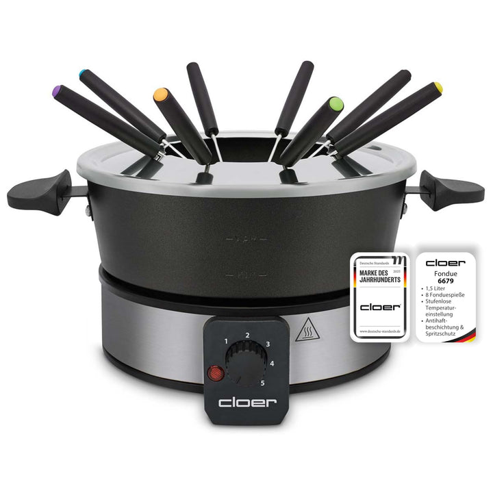 Cloer 6679 Fondue für 8 Personen, beschichteter Aluminiumtopf, inklusive Spritzschutz, 8 farbig mark