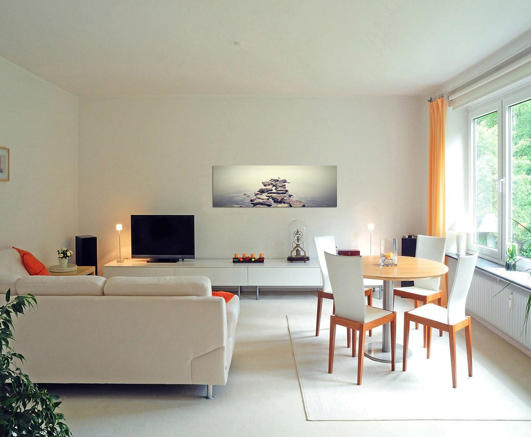 Paul Sinus Art Panoramabild auf Leinwand und Keilrahmen 150x50cm Ukraine Steine Wasser Nebel Dunst