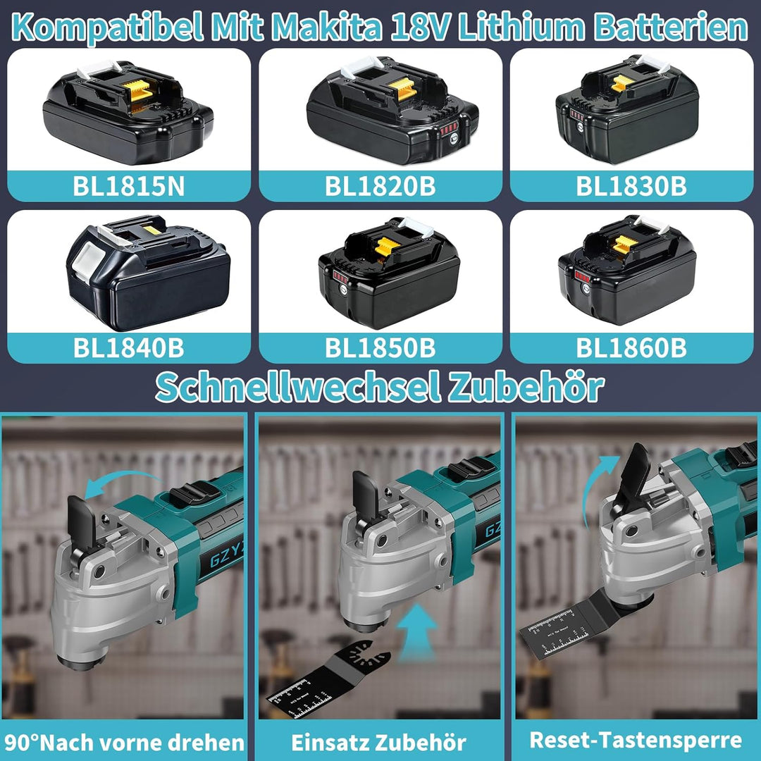Akku Multifunktionswerkzeug Kompatibel mit Makita Akku 18V, 6-Gang Oszillierwerkzeug mit 16 Zubehört
