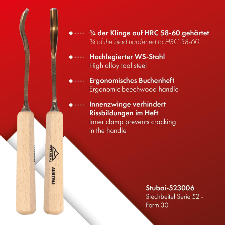 STUBAI Schnitzersatz 5-tlg. | Gerades Balleisen 20 mm, Flacheisen 16 mm, Hohleisen 10 mm, gekröpftes