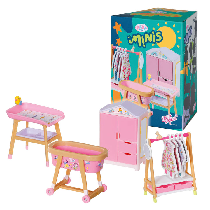 BABY born Minis Playset Möbelset mit Kleiderschrank, Kleiderstange, Stubenwagen und Wickeltisch, 906