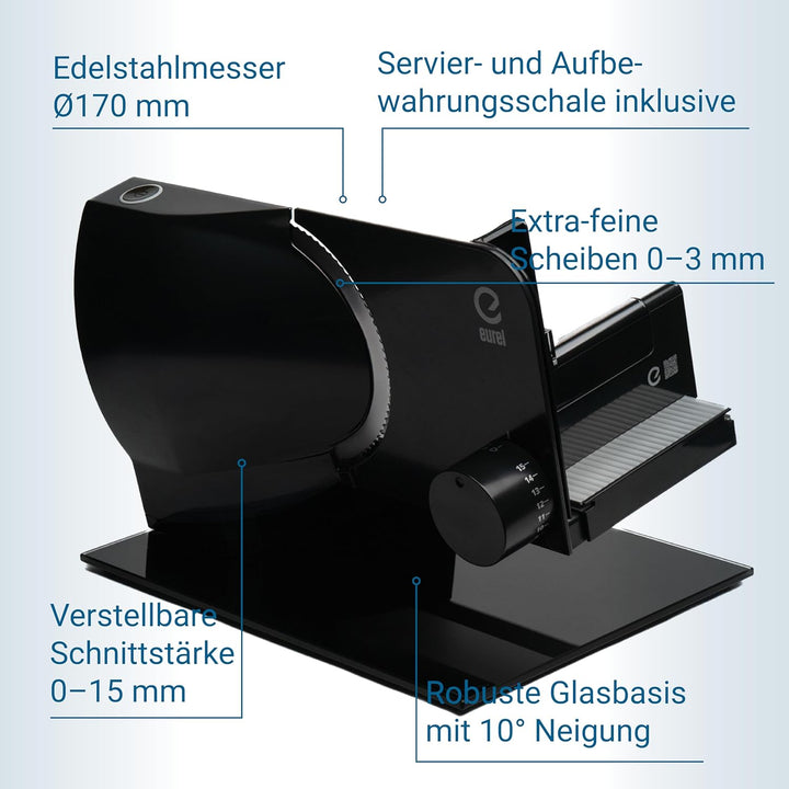 EUREL RS92 SCHWARZ Elektrischer Vollmeall Allesschneider, Made in EU, Grösse Schneidfläche, 2in1 Ede