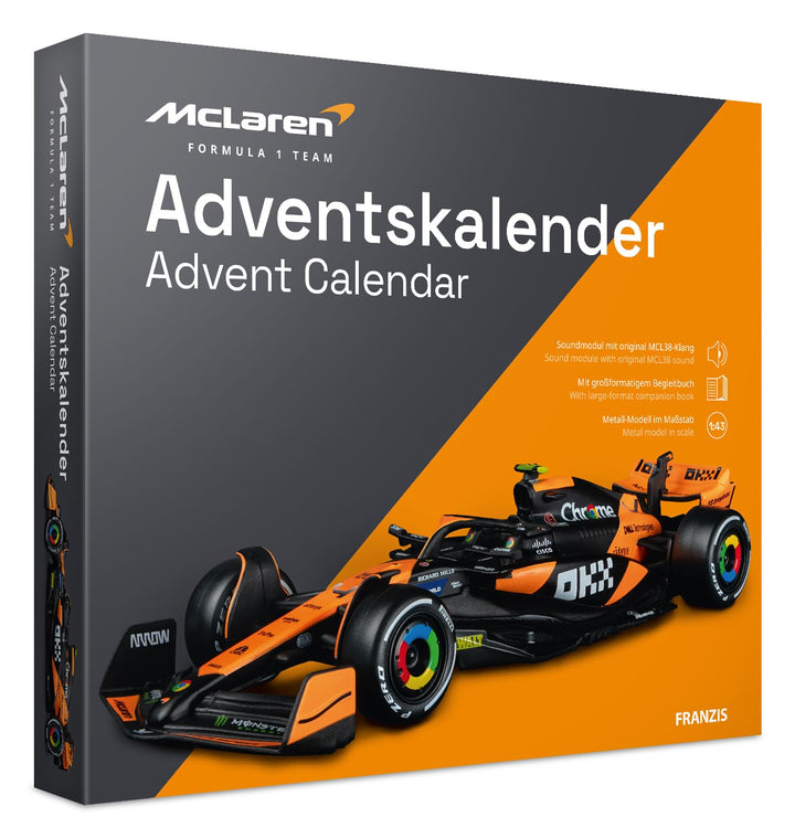 FRANZIS 67391 - McLaren Racing Adventskalender 2025 - Modellbausatz im Massstab 1:43, inkl. Soundmod