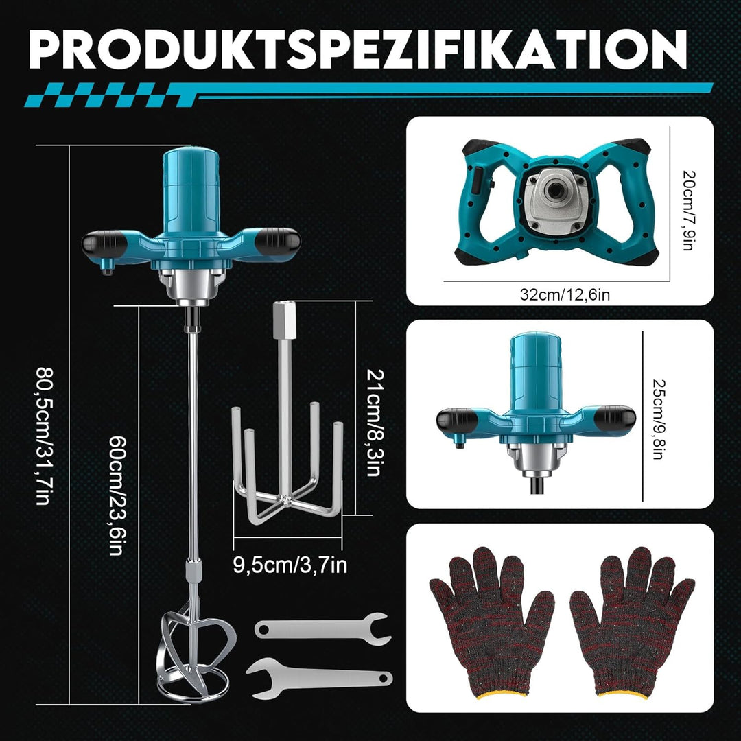 Akku Farbmörtelrührer Kompatibel mit Makita Batterie,Brushless 3200W Rührwerk Zementmischer, 6-Gang-