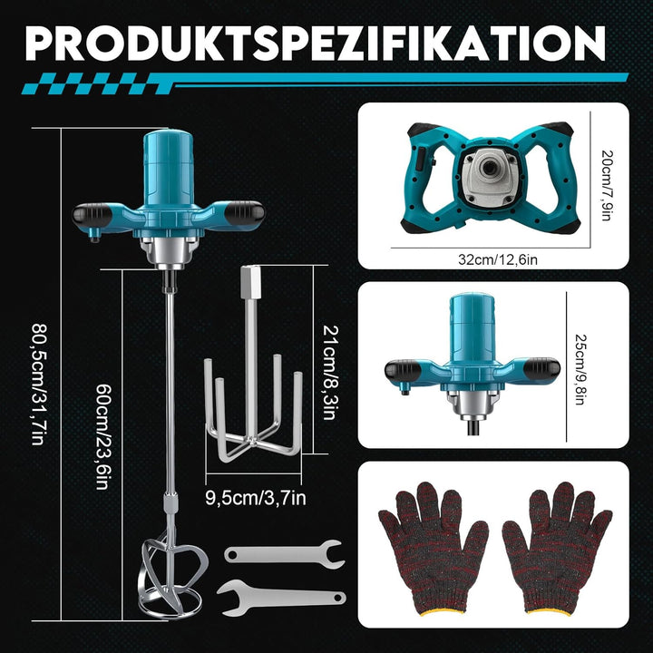 Akku Farbmörtelrührer Kompatibel mit Makita Batterie,Brushless 3200W Rührwerk Zementmischer, 6-Gang-