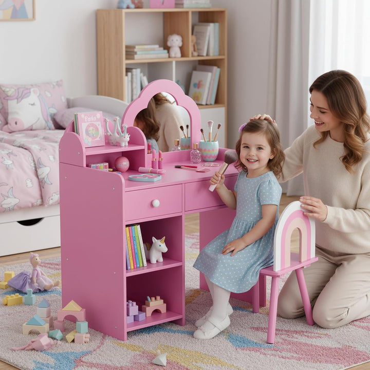 Clevich Schminktisch Kinder Set, 2 in 1 Kinderschminktisch mit Spiegel, 2 Schubladen, Schliessfächer
