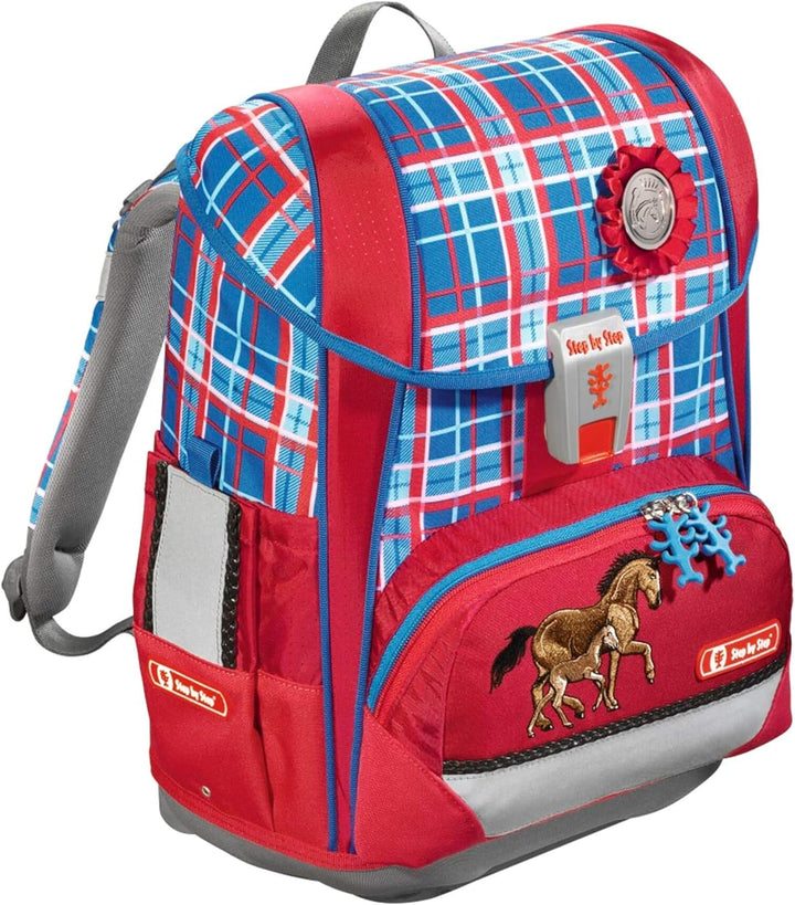 Step by Step Schulranzen-Set LIGHT „Horse Family“ 4-teilig, blau-rot, Pferde-Design, ergonomischer T