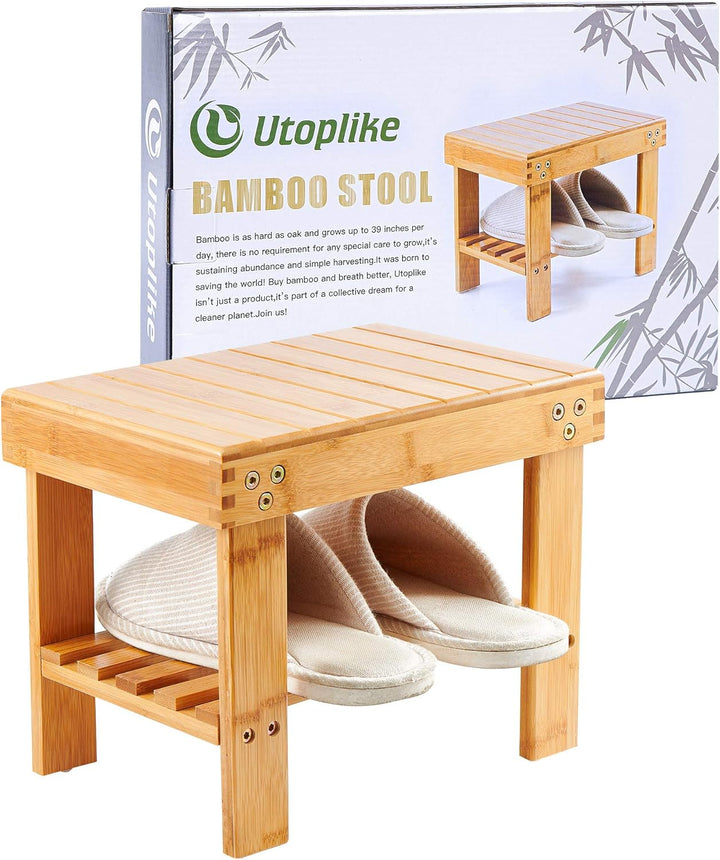 Utoplike holzhocker，fussbank Holz，Kleiner Bambus-Hocker mit Ablage, rutschfest und leicht, für Schla