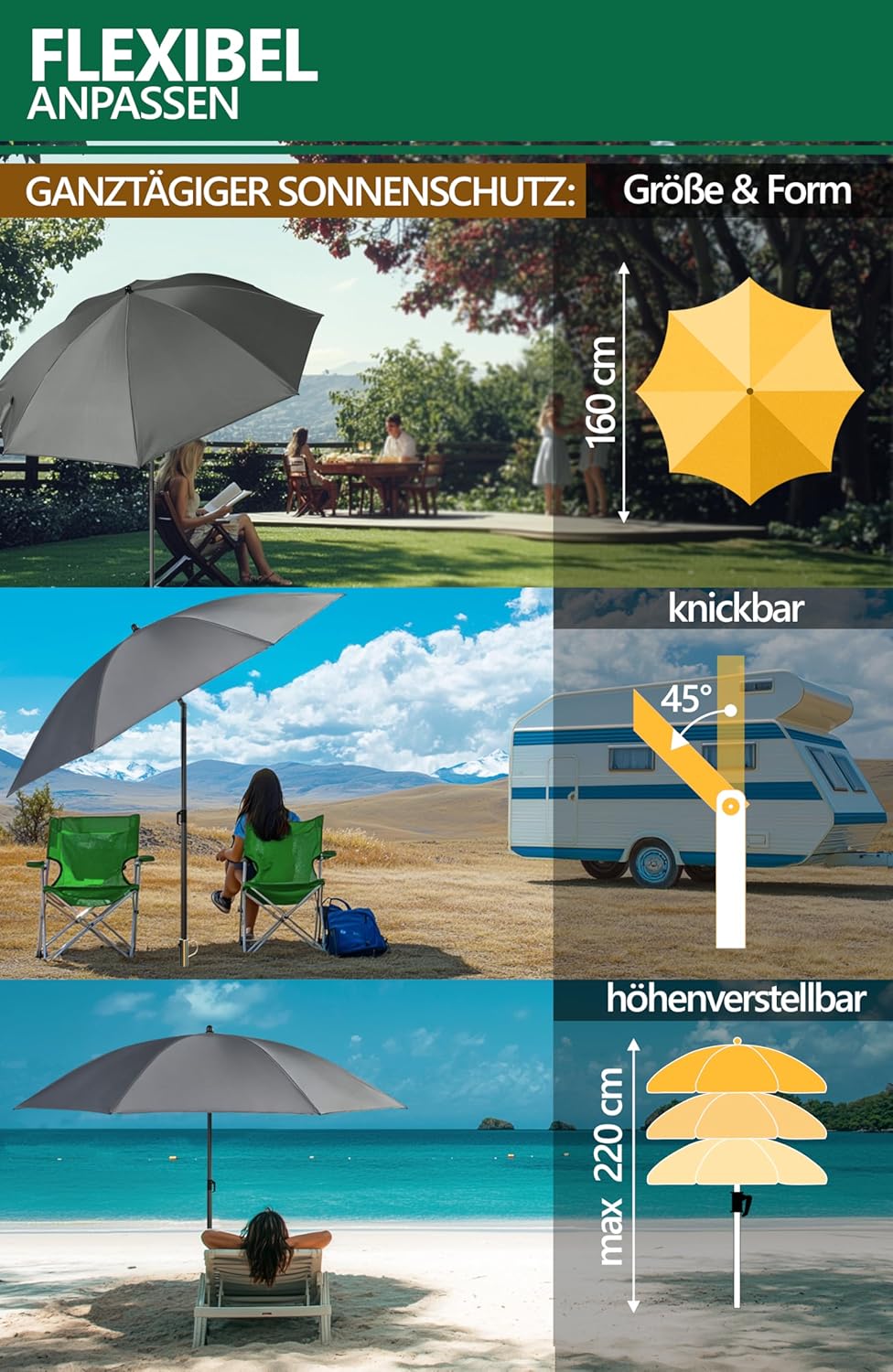 4smile Sonnenschirm Strand SunnyJoy Modern im 3er-Set, Anthrazit - Strandschirm windfest stabil 160