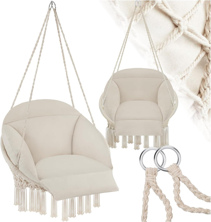 tectake® Hängesessel, Hängeschaukel mit dicken Kissen & Quasten, Boho Hängekorb Ø 80 cm, Hängesessel
