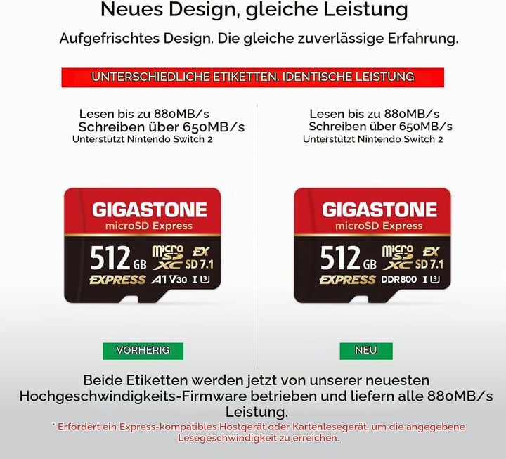 【Für Switch 2 entwickelt】 GIGASTONE 512GB microSD Express + USB-C Kartenleser + Adapter, kompatibel