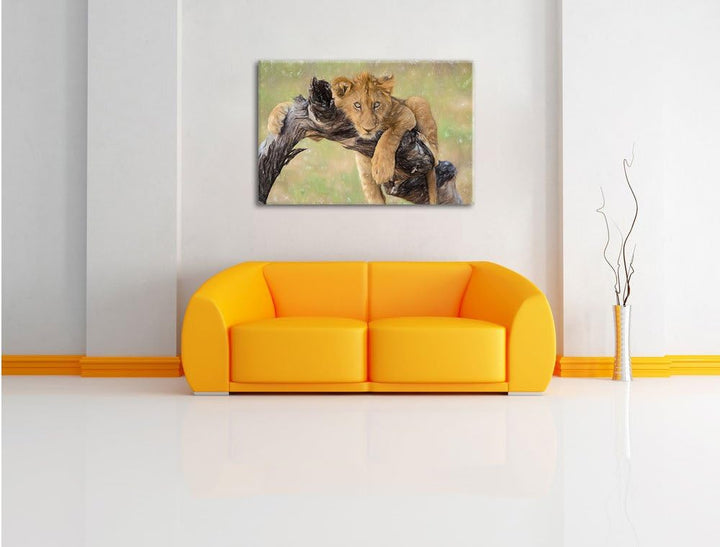 Pixxprint Junger Löwe in der Natur Kunst Buntstift Effekt, Format: 100x70 auf Leinwand, XXL riesige