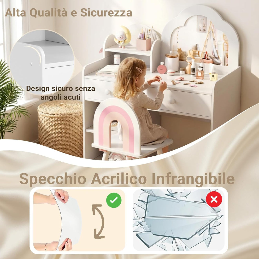 Clevich Schminktisch Kinder Set, 2 in 1 Kinderschminktisch mit Spiegel, 2 Schubladen, Schliessfächer