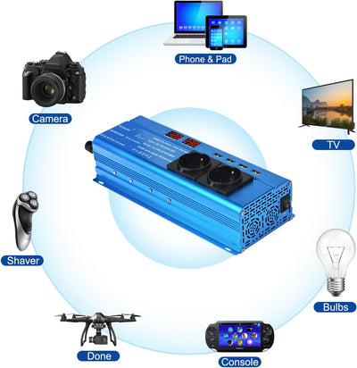 Yinleader Wechselrichter 12V 230V 1200W / 2400W Reiner Sinus-Spannungswandler 2 Steckdosen und 4 USB