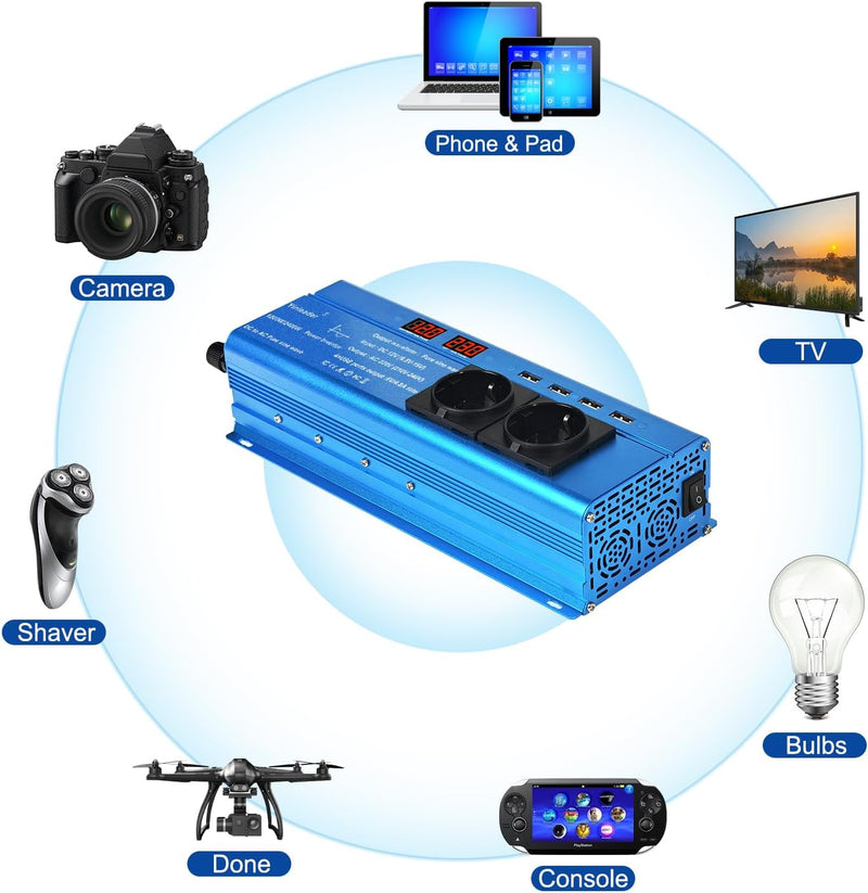 Yinleader Wechselrichter 12V 230V 1200W / 2400W Reiner Sinus-Spannungswandler 2 Steckdosen und 4 USB