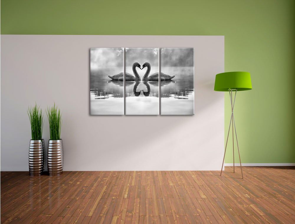 Pixxprint Verliebte Schwäne im Morgengrauen / 3-Teilig/Gesamtmass 120cm Leinwandbild bespannt auf Ho