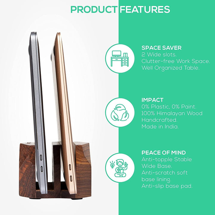 DnU Avenue Wooden Laptop Stand Dual Slot – Vertical Holder Docking Station for MacBook, Tablets & La