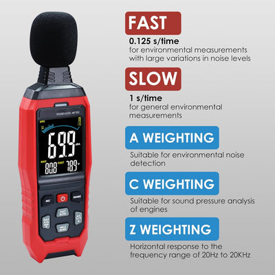 Dezibel-Meter Schallpegelmesser, Hohe Genauigkeit db Meter Klassenzimmer Lärmmesser mit A/C/Z Gewich