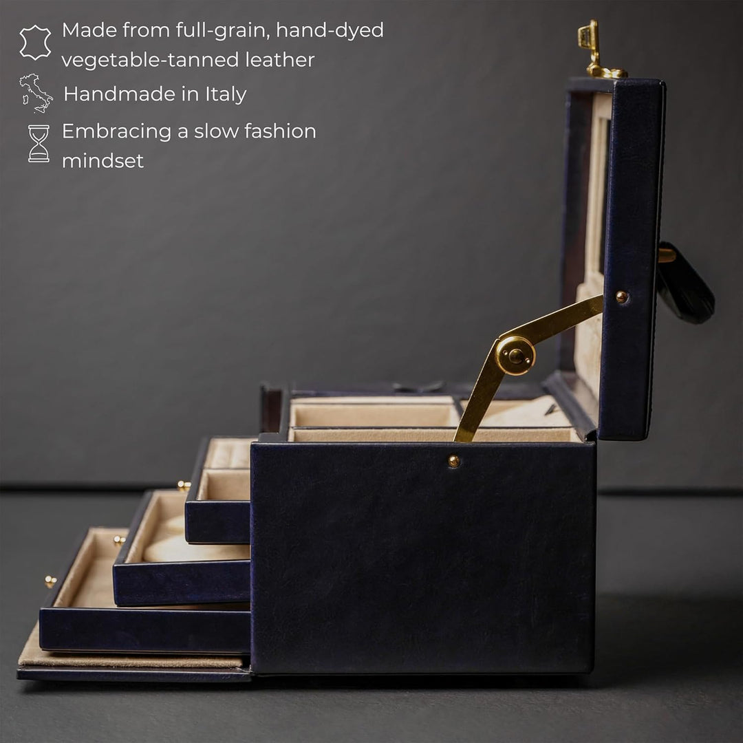 Time Resistance Marineblau Leder-Schmuckkästchen Vollnarbenleder Schmuck Organizer Aufbewahrung von