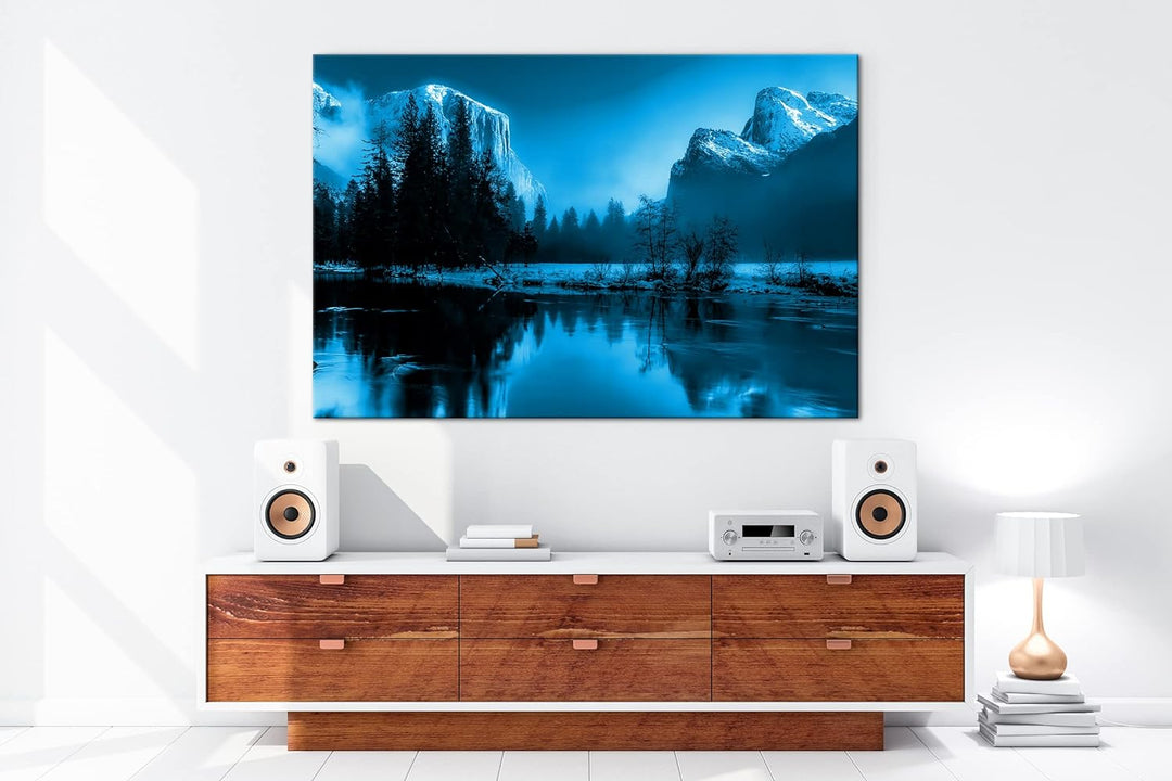 deyoli bezaubernde Eislandschaft an einem Fluss Format 80x60 Effekt: Monocrome Blau als Leinwandbild