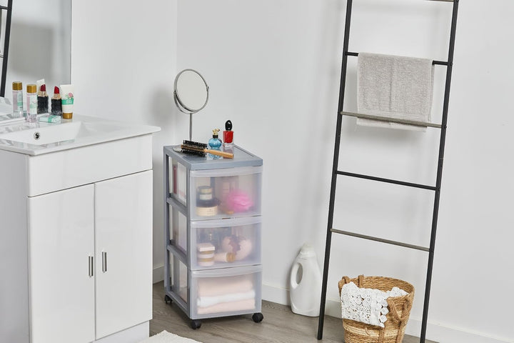 Iris Ohyama Kunststoff-Schubladenbox mit Rollen, 3 tiefen Schubladen, Grau, Griffe zum Ziehen, Für S