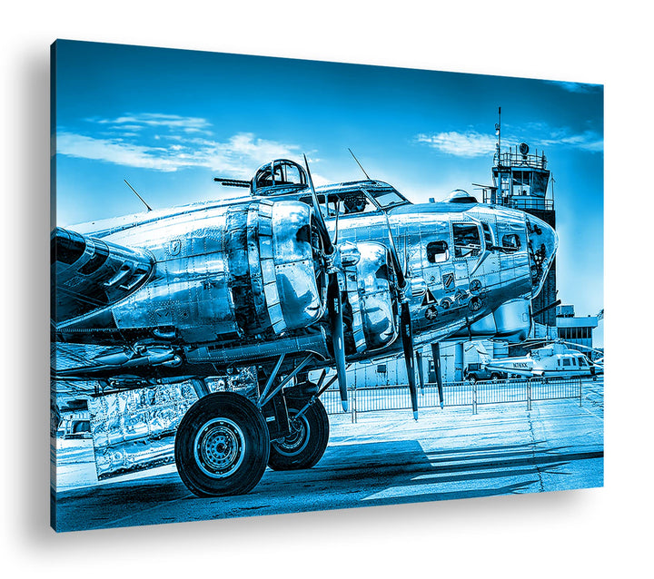 deyoli Silbernes Militär Flugzeug Format 80x60 Effekt: Monocrome Blau als Leinwandbild, Motiv fertig