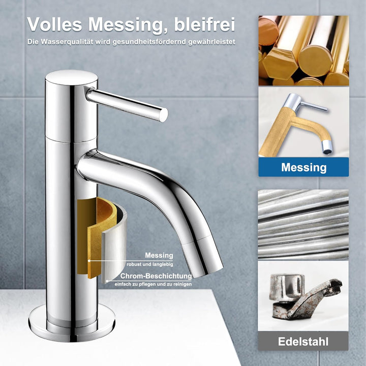 Florenta Kaltwasserhahn Gäste WC für kleine Waschbecken, Kaltwasserarmatur Waschtischarmatur aus Mes