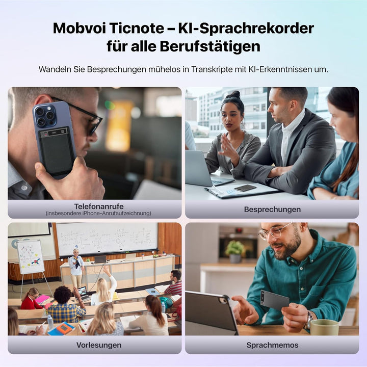 Mobvoi TicNote KI Digitales Diktiergerät, 64 GB Speicher, Notizrekorder mit Hülle, App-Steuerung, üb