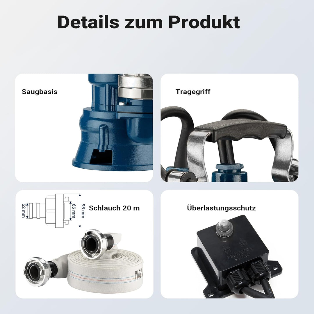 Wiltec Schmutzwasserpumpe 1500W 22800l/h mit Schwimmerschalter max. Förderhöhe 10m mit 20m Schlauch