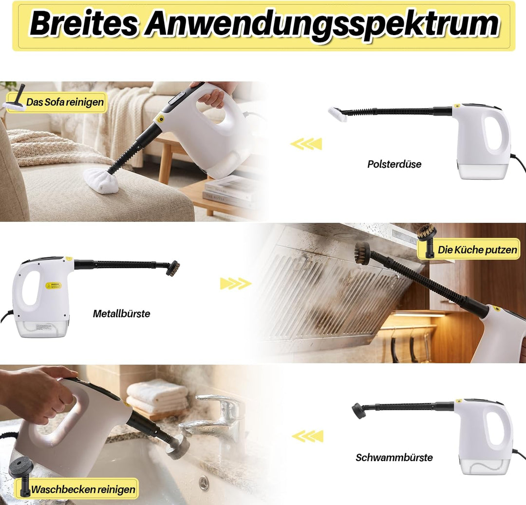Dampfreiniger Handgerät 1200W, 500ml Handdampfreiniger mit 10 Zubehörteilen, 3 Dampfstufen, 20s Aufh