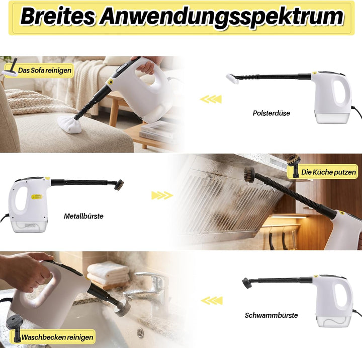 Dampfreiniger Handgerät 1200W, 500ml Handdampfreiniger mit 10 Zubehörteilen, 3 Dampfstufen, 20s Aufh