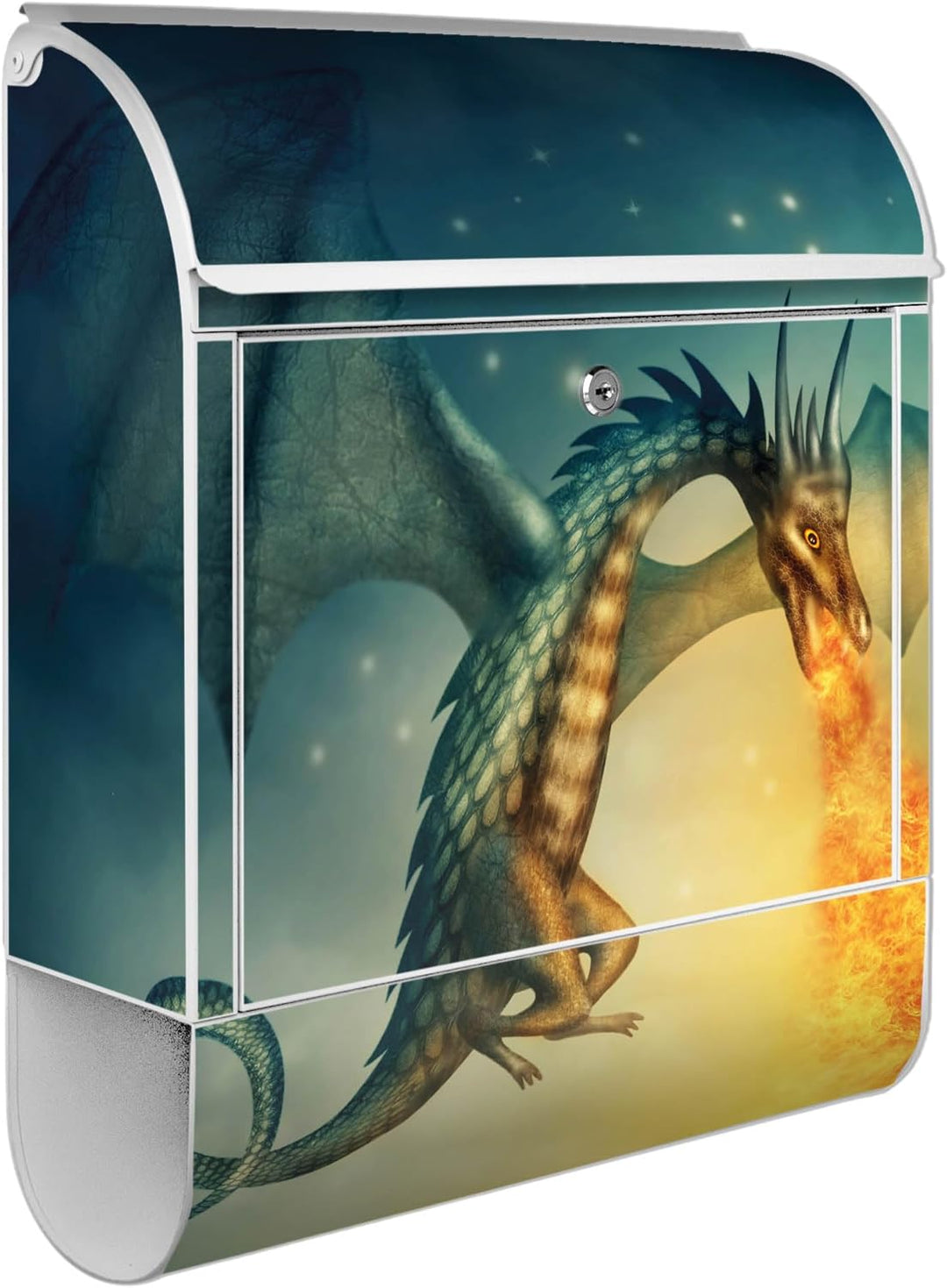 banjado® Design Briefkasten mit Motiv Drachen 39x47x14cm &amp; 2 Schlüssel - Briefkasten Stahl weiss mit
