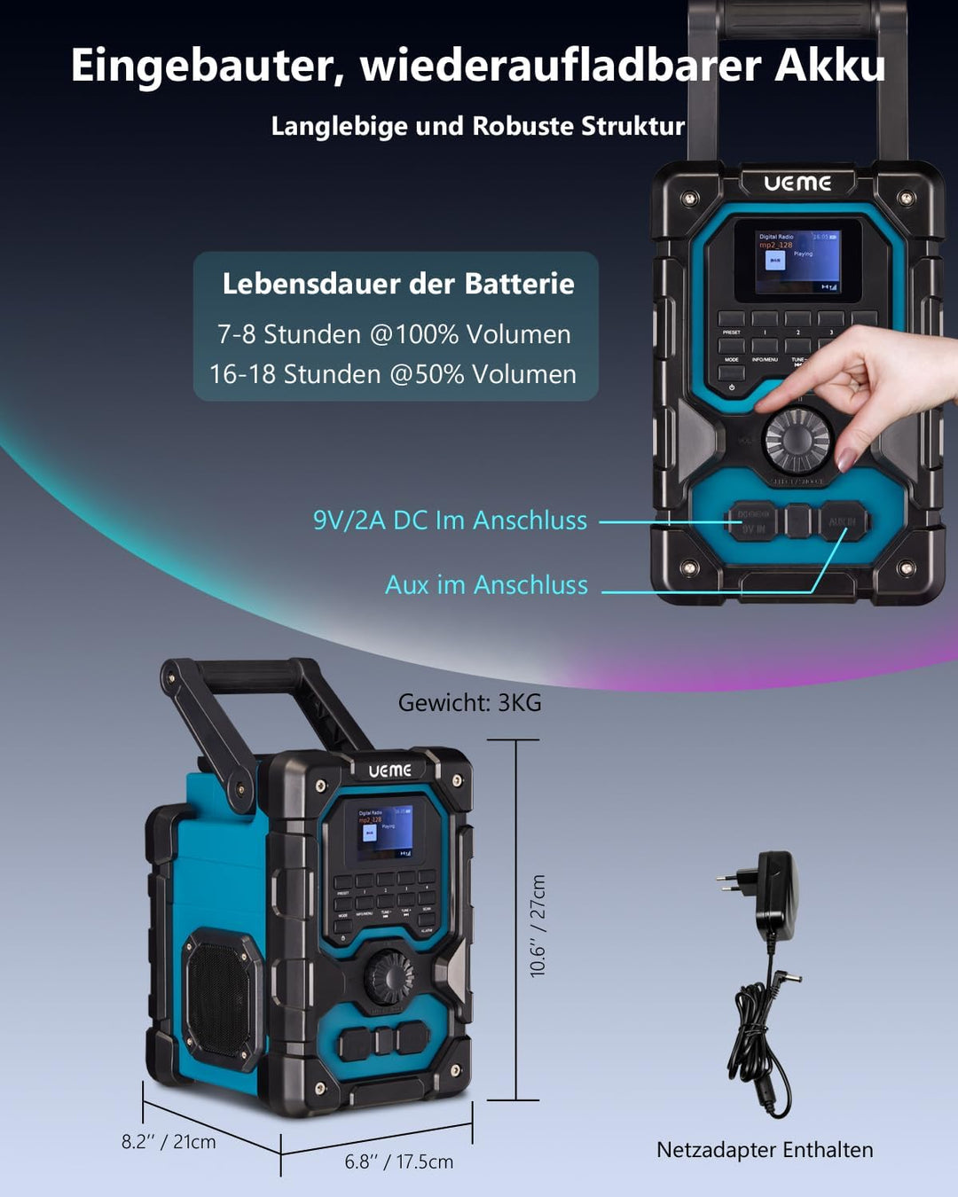 Baustellenradio Robustes DAB+ FM Radio mit Bluetooth 5.0, 16W Stereo-Lautsprecher, 8000mAh Akku bis