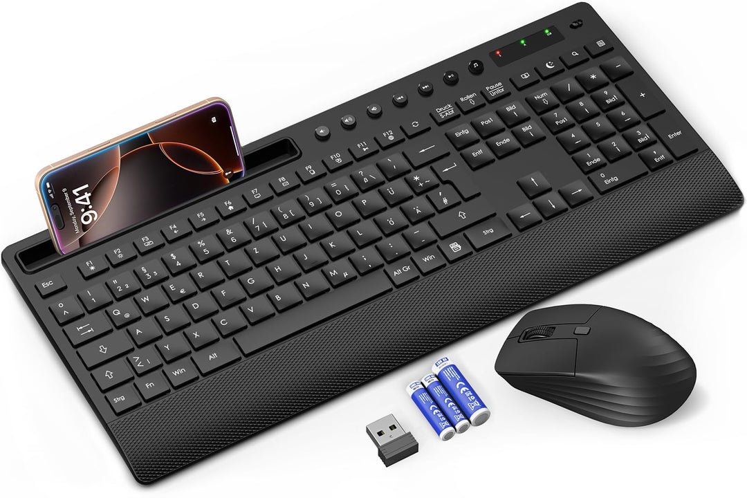 Tastatur Maus Set Kabellos, Leise 2,4 GHz Tastatur in voller Grösse mit Handballenauflage, Telefonha