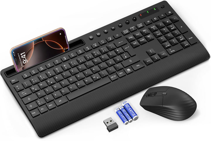 Tastatur Maus Set Kabellos, Leise 2,4 GHz Tastatur in voller Grösse mit Handballenauflage, Telefonha