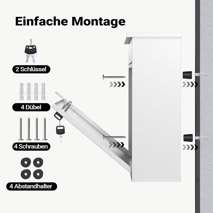 Wiltec Briefkasten V12 weiss 360 x 115 x 320 mm, Wandbriefkasten mit Schloss, Sichtfenstern und Name