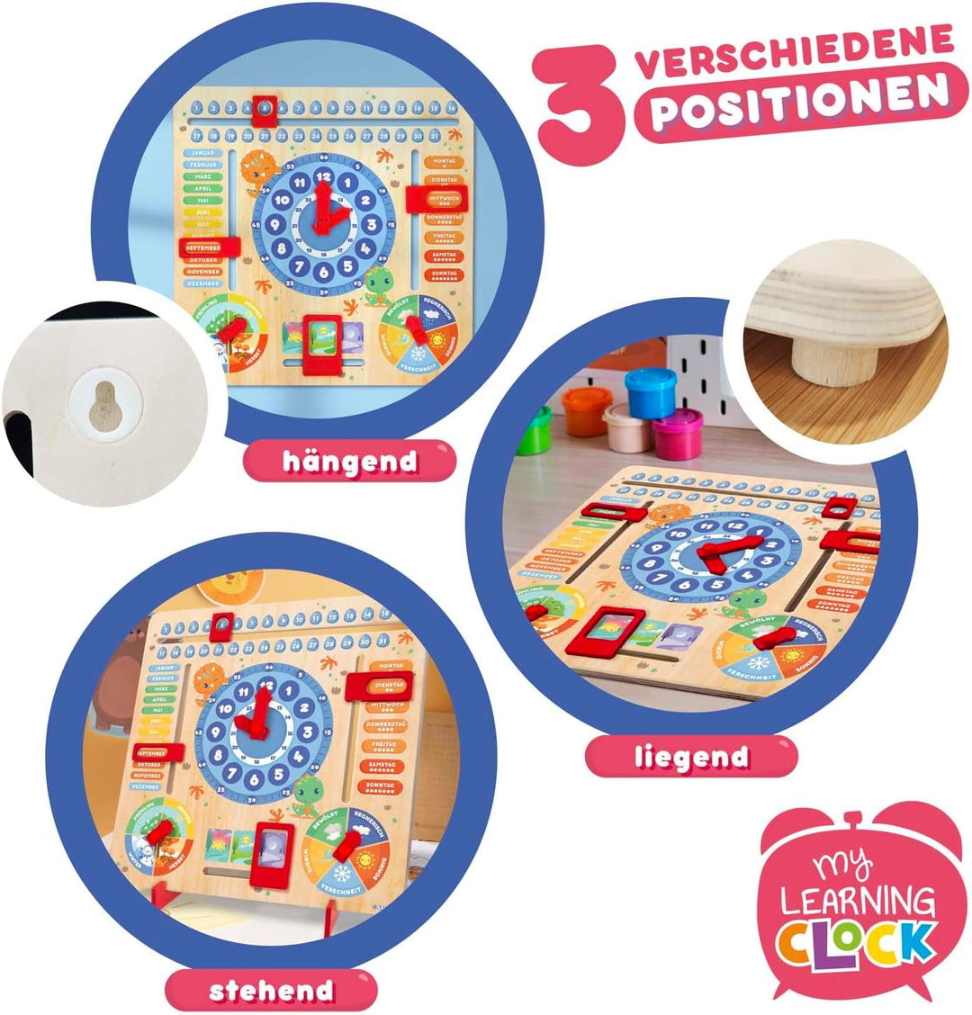 CRAZE My Learning Clock Dino - Lernuhr für Kinder aus Holz, Kalenderuhr zum Lernen für Kinder, Lernt