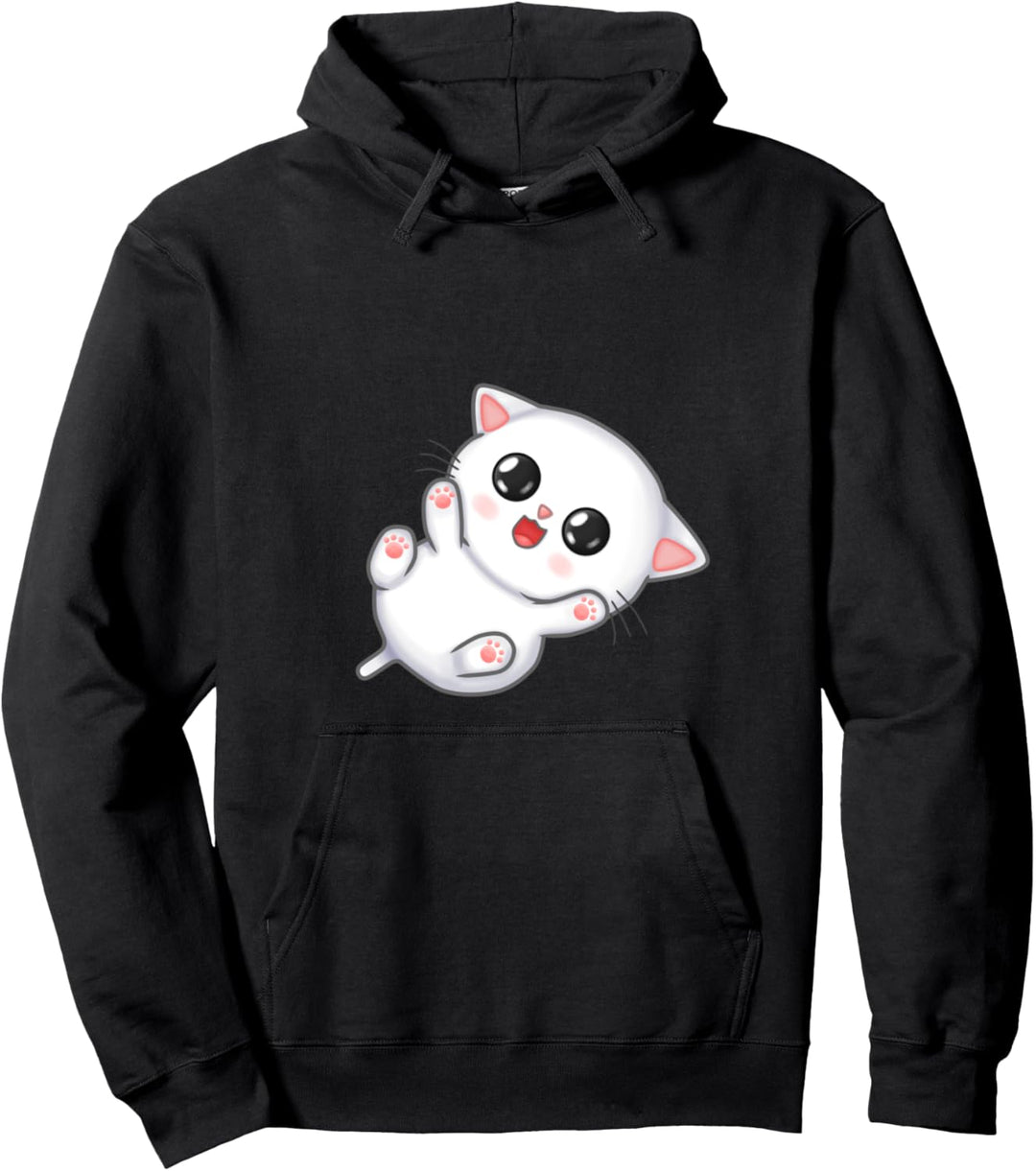 Big Eyed White Chibi Kitty Katze Pullover Hoodie