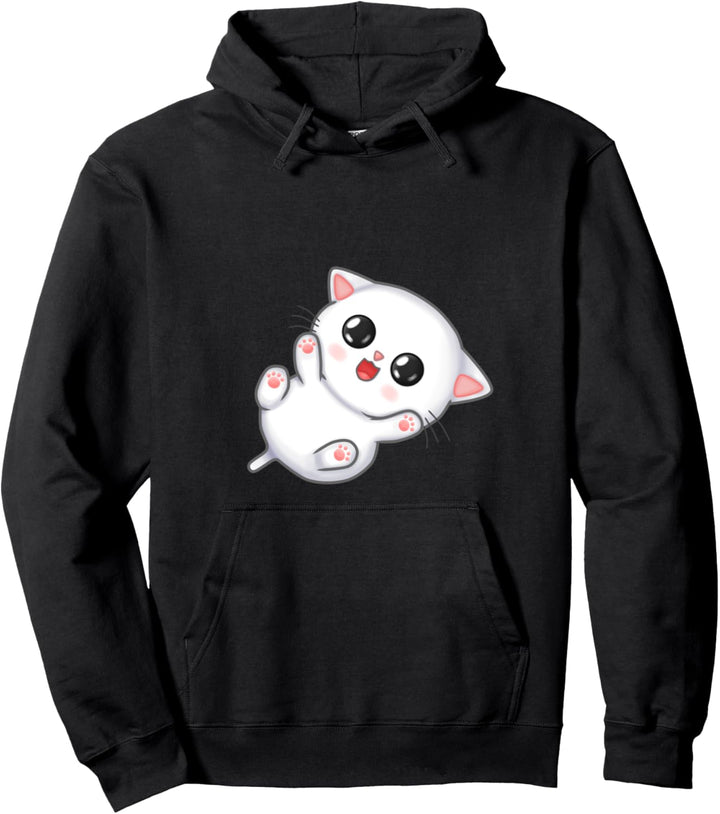 Big Eyed White Chibi Kitty Katze Pullover Hoodie
