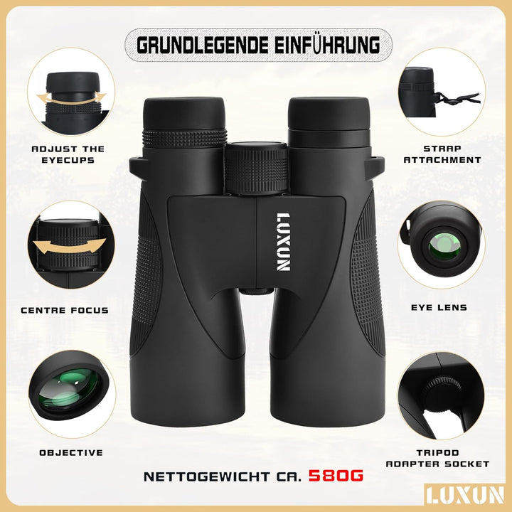 LUXUN 12x50 HD Fernglas für Erwachsene, Fernglas mit Smartphone Adapter Tragetasche, 20mm grosses Ok