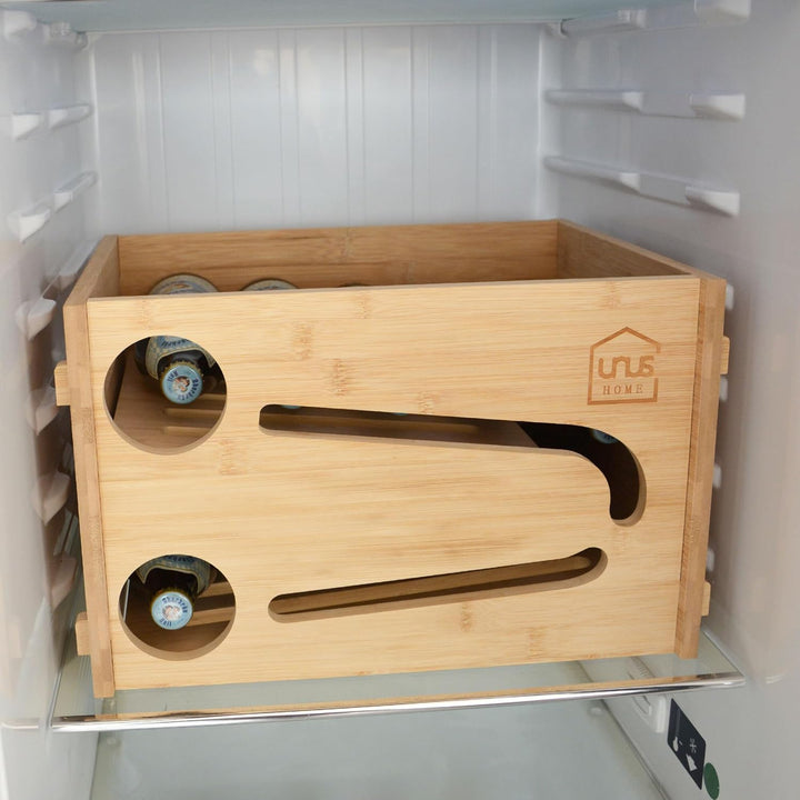 UNUS Bierkasten Flaschenrutsche Kühlschrank, Flaschenhalter aus Holz für Kühlschrank, 39x31x25 cm, z