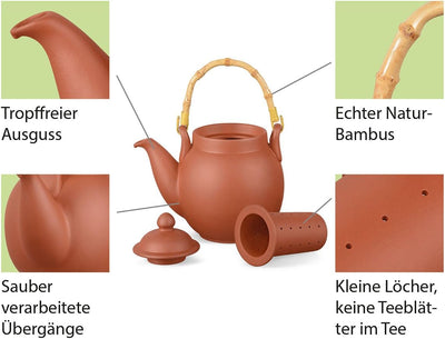 Aricola Ton Teekanne Tenno 1,6 Liter mit Tonsieb, Bambushenkel und Stövchen. Handgefertigt, Original