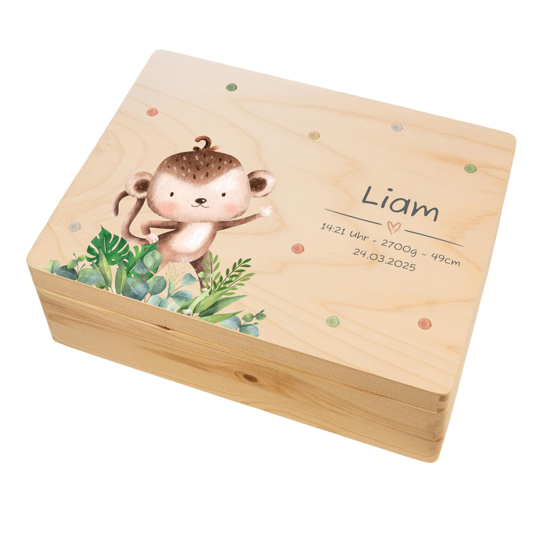 LARIFEE Erinnerungskiste personalisiert Affe mit Name – Baby Erinnerungsbox Holz mittel 40x30x13,5 c