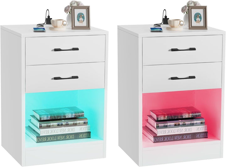 PIPIPOXER Nachttisch 2er Set mit Steckdose, Moderner Nachtschrank mit Led, Nachtkommode mit 2 Schubl
