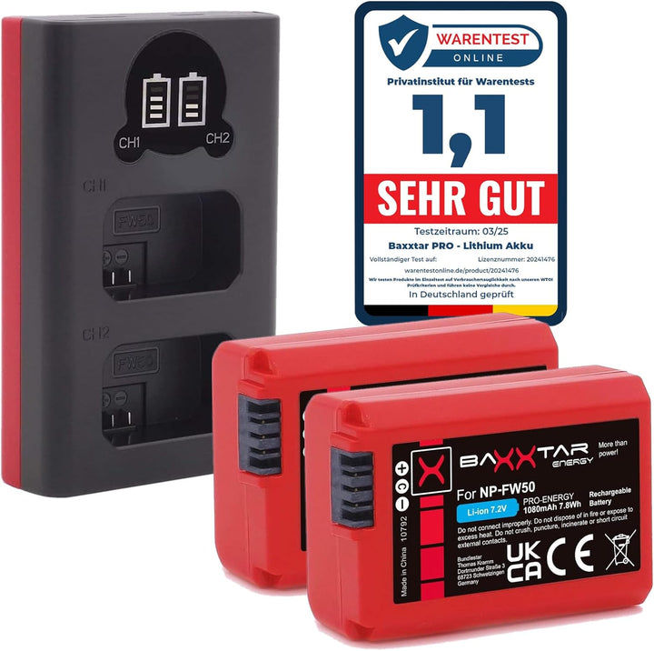 Baxxtar Pro (2X) Akku NP-FW50 mit Mini 18592 LCD DUAL Ladegerät (Eingang USB-C und