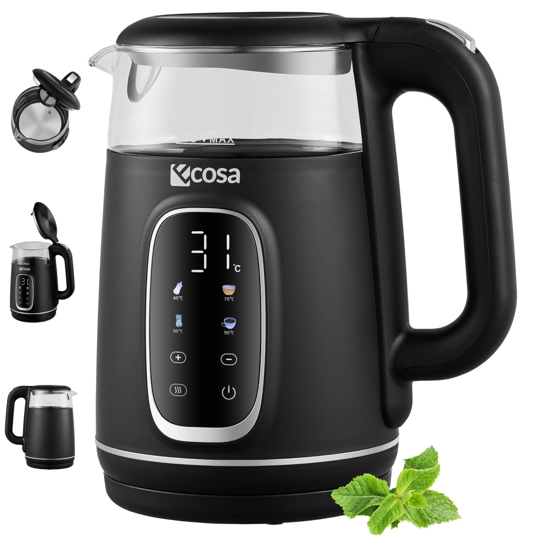 Ecosa® Wasserkocher mit Temperatureinstellung Glas Edelstahl - Teekocher - 1,7 Liter 2.200 Watt - BP