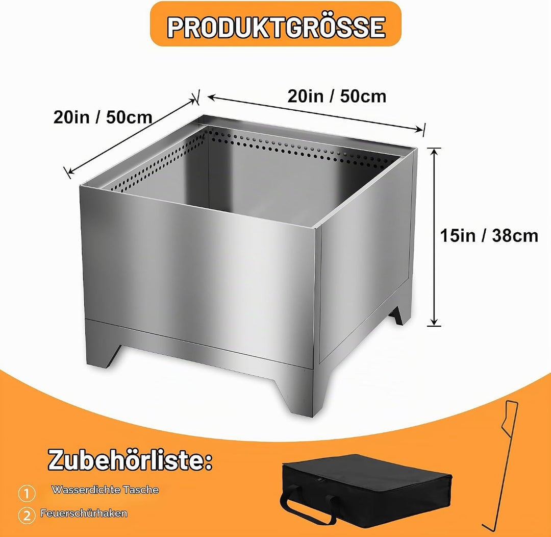 50 cm Rauchfreie Feuerschale Edelstahl, Feuerstelle Outdoor Camping Fire Pit, Quadratisch Feuerschal