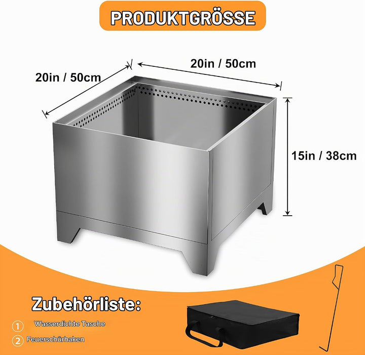 50 cm Rauchfreie Feuerschale Edelstahl, Feuerstelle Outdoor Camping Fire Pit, Quadratisch Feuerschal